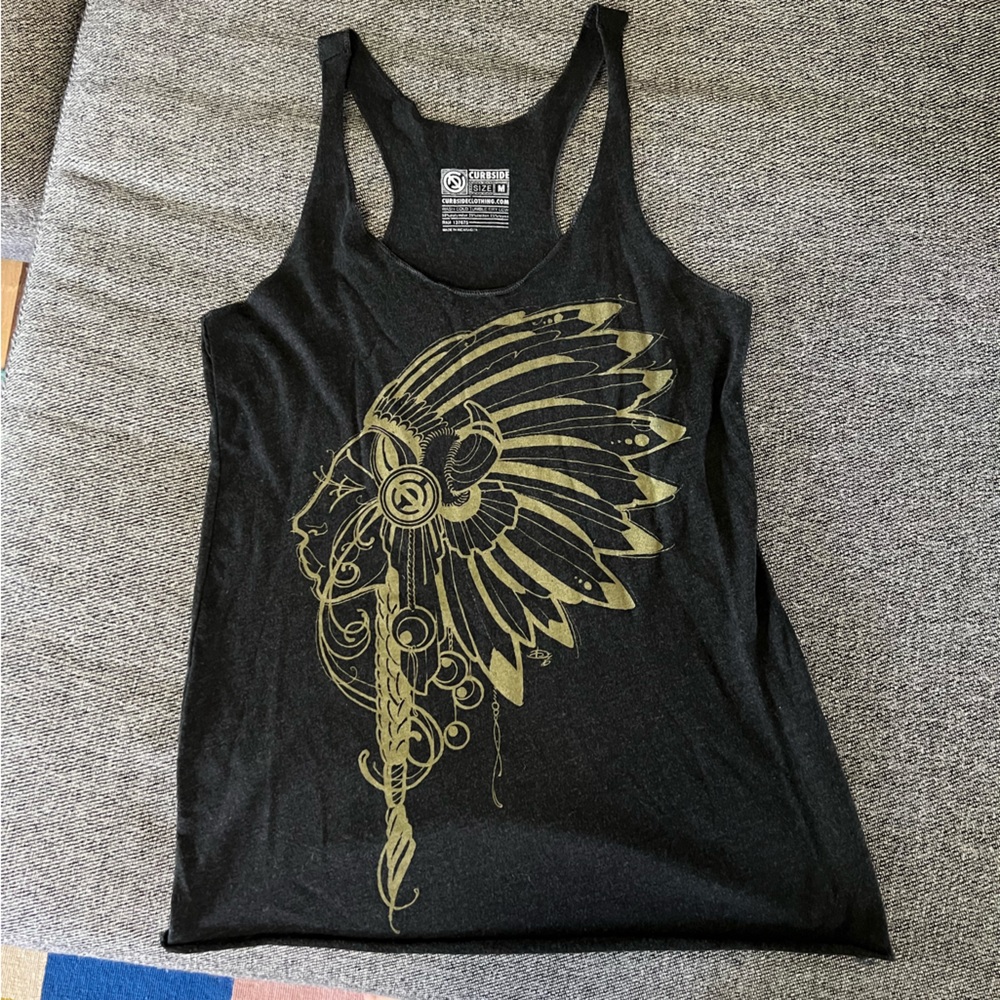 Curbside Grey Racerback Tank w/ Gold Indian
